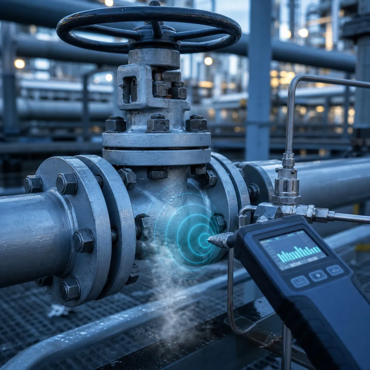 Válvula industrial inspeccionada con un detector ultrasónico