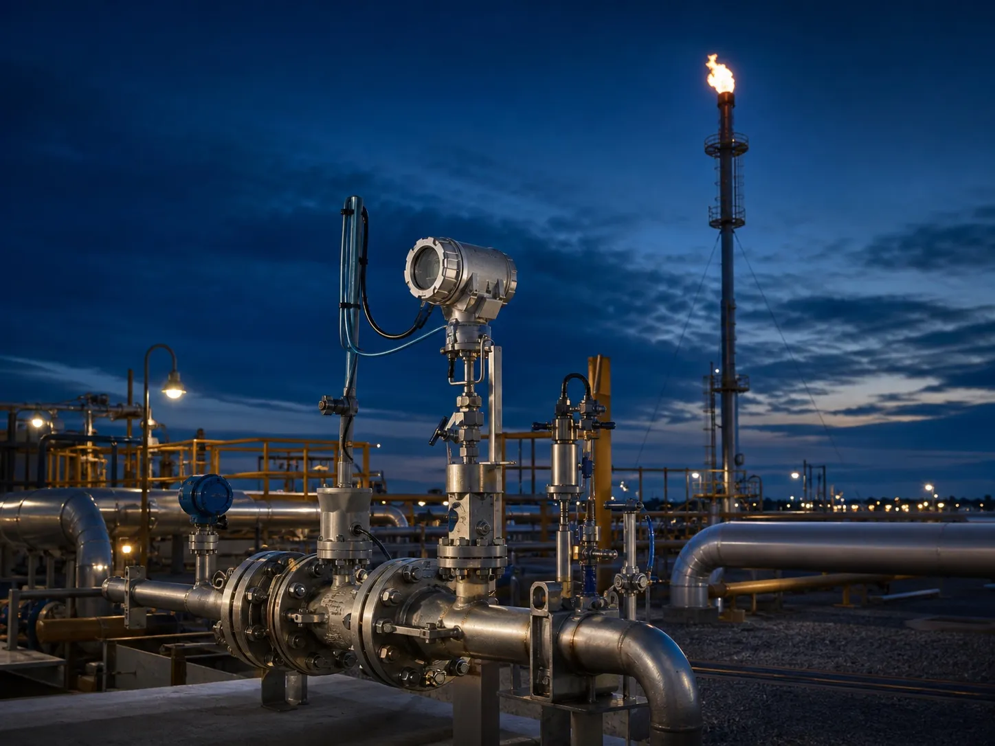 Sistema industrial de medición junto a una antorcha de gas en operación